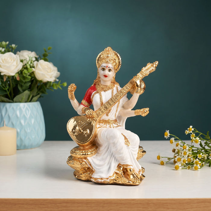 24K Gold Plated Veena Saraswati Idol