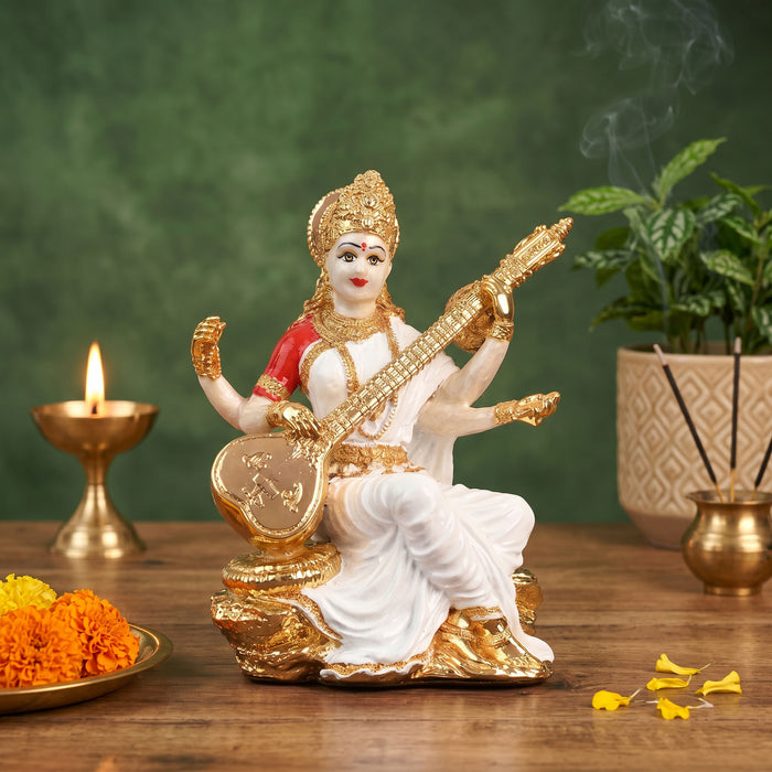 24K Gold Plated Veena Saraswati Idol