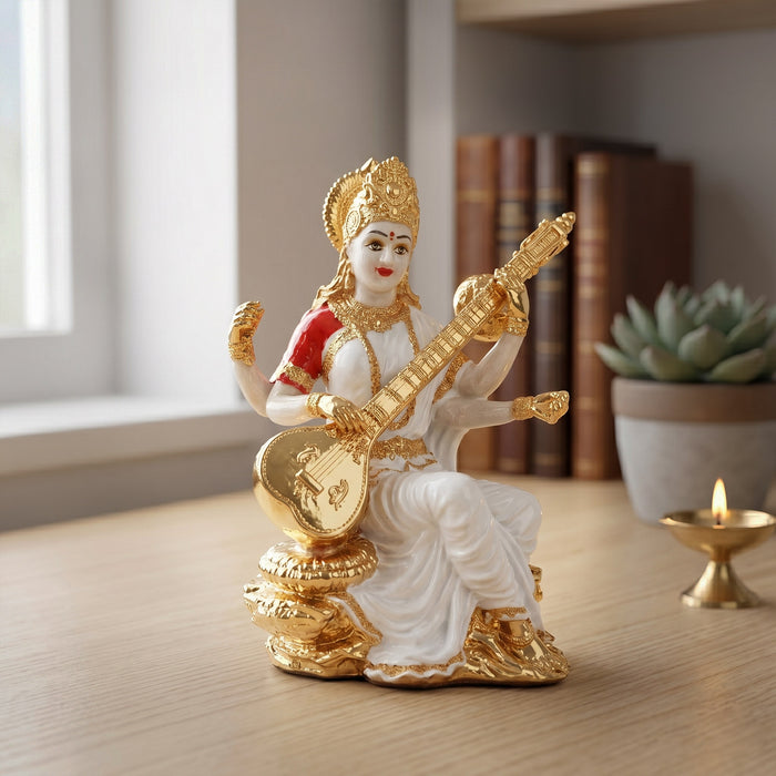 24K Gold Plated Veena Saraswati Idol