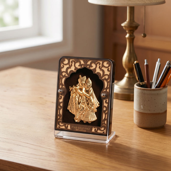 24K Gold Radha Krishna Frame With Decorative Pen Gift Box