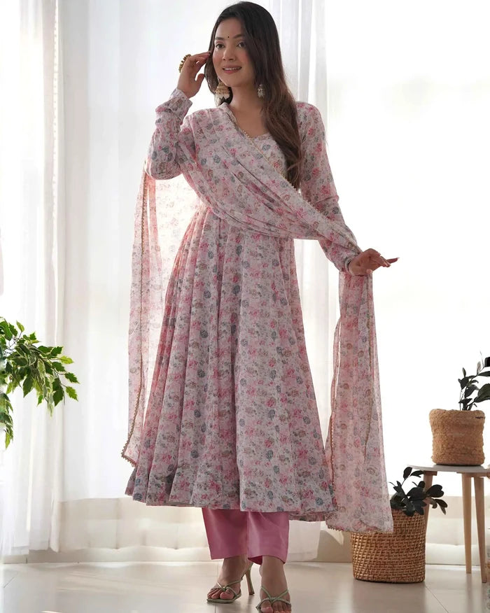 Baby Pink Chiffon Anarkali Gown With Colorful Floral Print With Dupatta