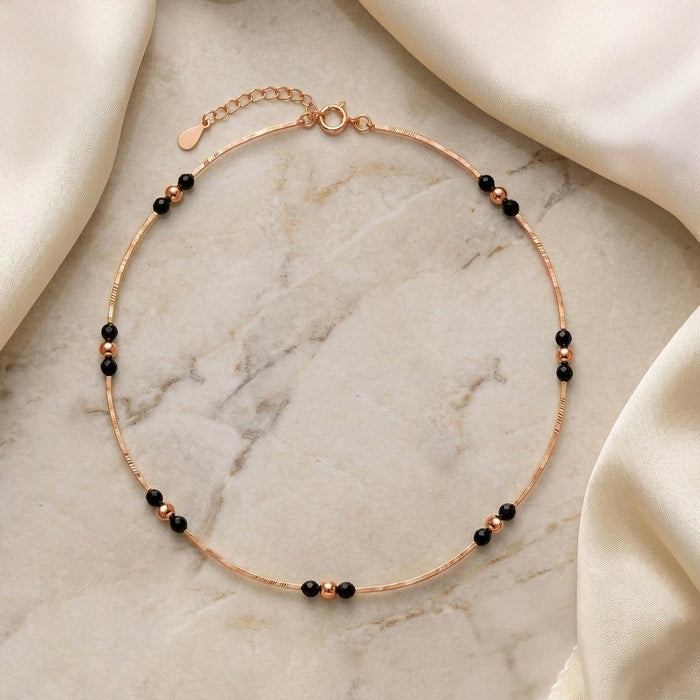 Black Beaded Silver Anklet