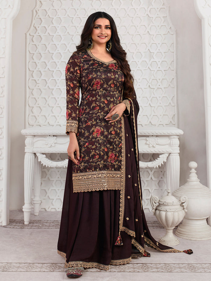 Brown Printed with Embroidered Sharara Suit Set