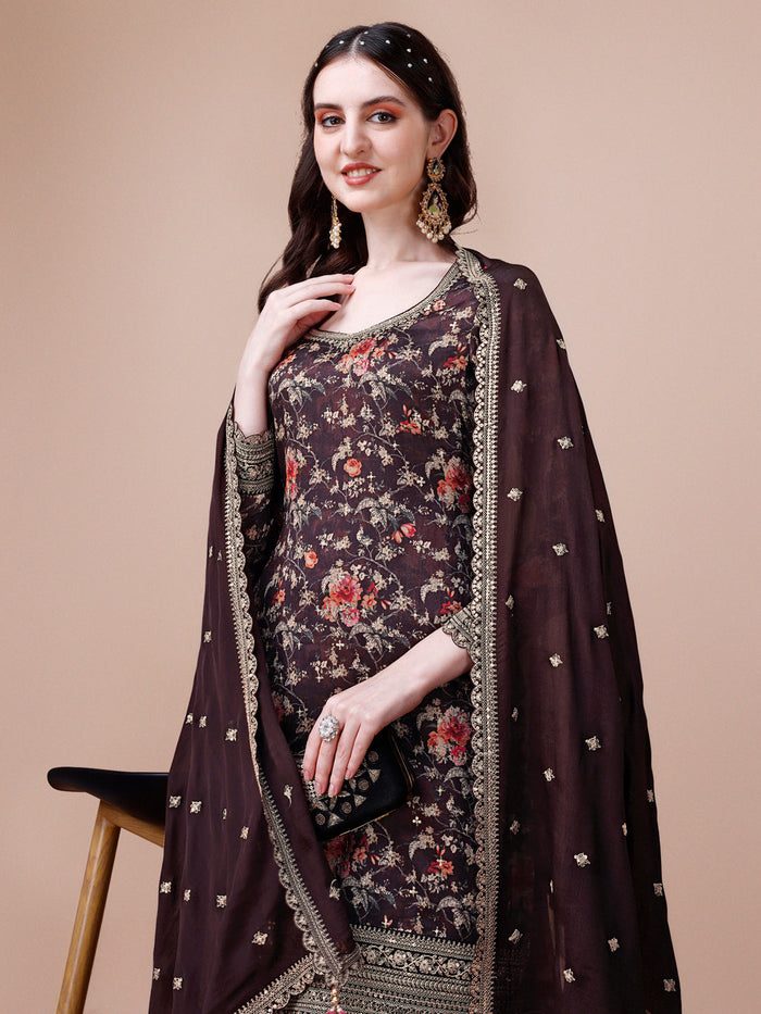 Brown Printed with Embroidered Sharara Suit Set