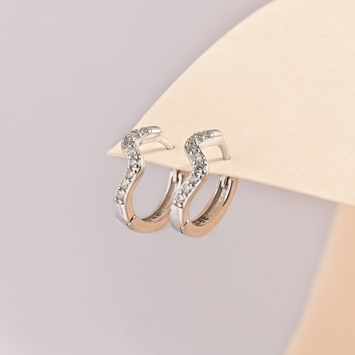 Curved CZ Silver Hoop Earrings