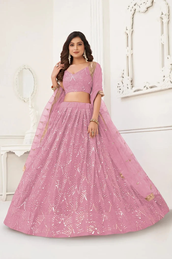 Dusty Pink Net Embroidery Lehenga Choli