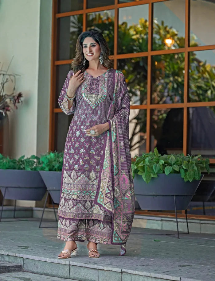 Dusty Purple Chinon Salwar Suit With Print & Hand Work
