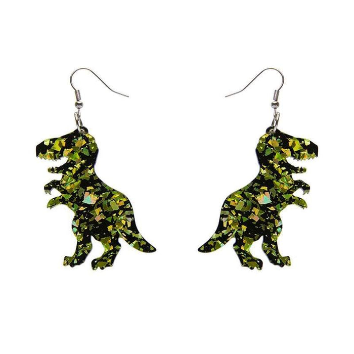 Erstwilder - Tyrannosaurus Dinosaur T-REX Chunky Glitter Resin Drop Earrings - Lime