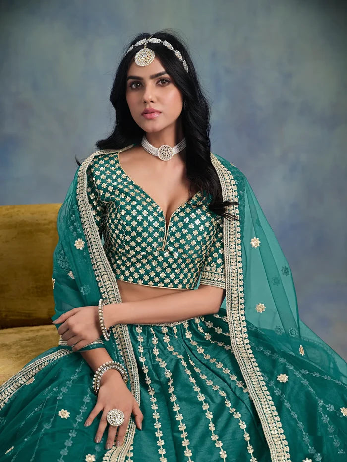 Green Art Silk Thread & Sequence Embroidery Work Lehenga Choli
