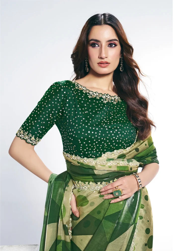 Green Satin Silk Saree With Print & Stone Handwork