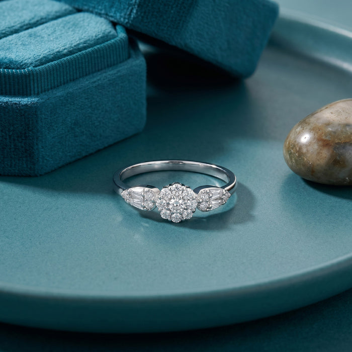 Leaf Accent Cluster CZ Silver Ring
