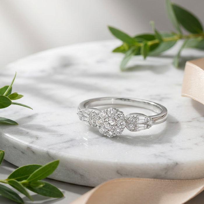 Leaf Accent Cluster CZ Silver Ring