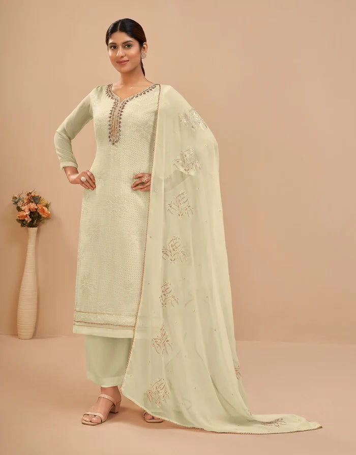 Light Yellow Georgette Sequins Embroidery Work Salwar Suit With Dupatta