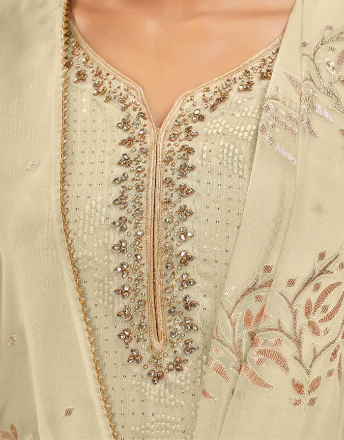 Light Yellow Georgette Sequins Embroidery Work Salwar Suit With Dupatta