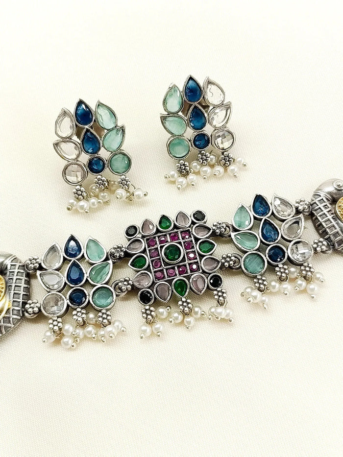 Madhvika Multi Colour Peacock Oxidized Choker Set