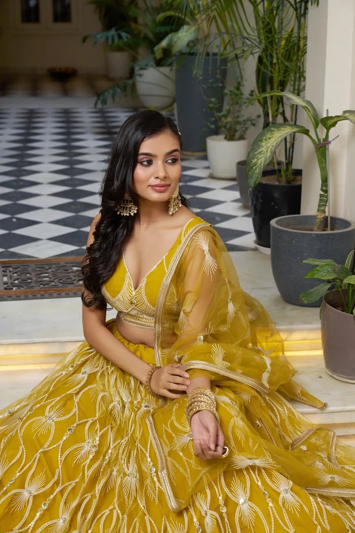 Mustard Net Lehenga Choli With Cotton Thread Work & Sequence Embroidery Work