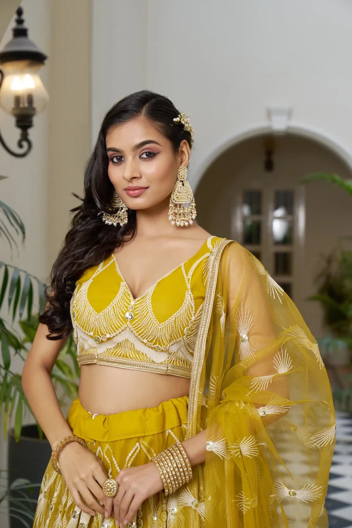 Mustard Net Lehenga Choli With Cotton Thread Work & Sequence Embroidery Work