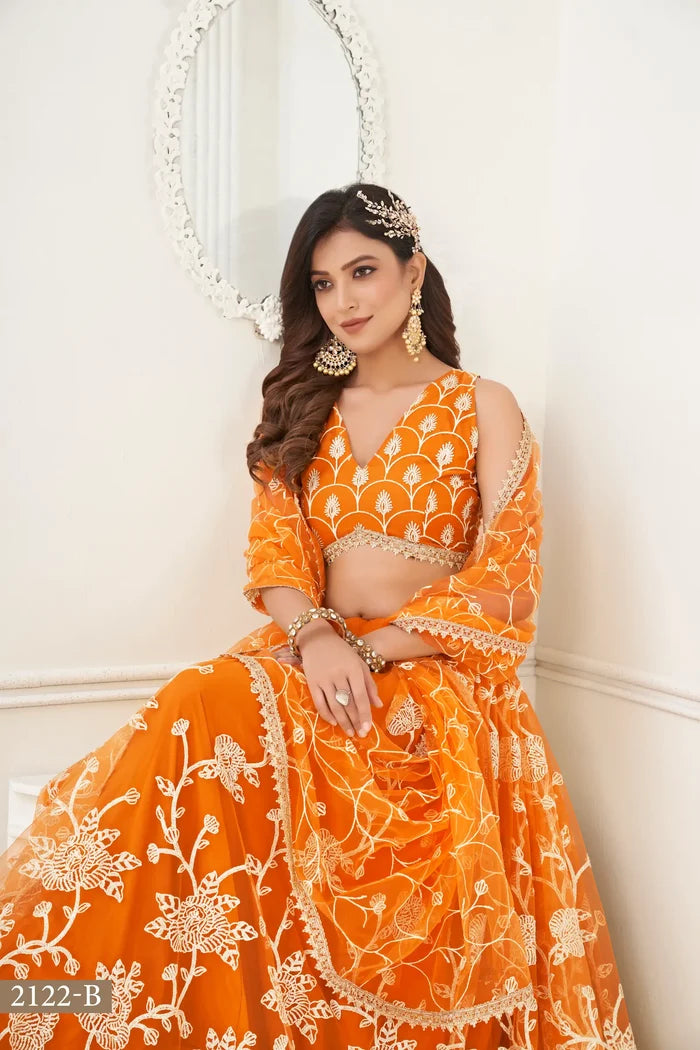 Orange Net Lehenga Choli With White Cotton Thread Work, Zari Work & Sequence Work
