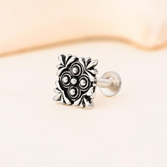 Oxidised Square Floral Silver Nose Pin