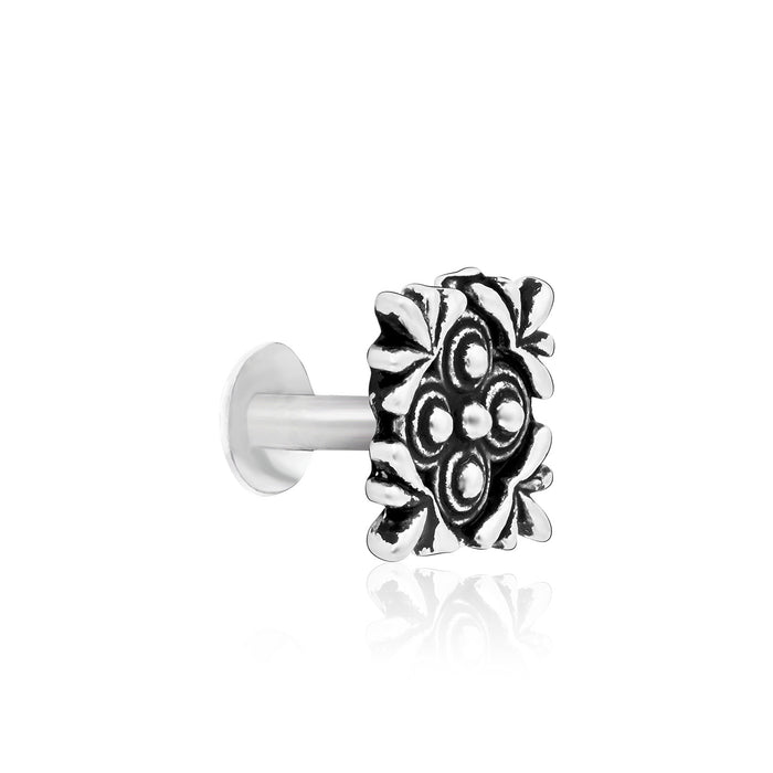 Oxidised Square Floral Silver Nose Pin