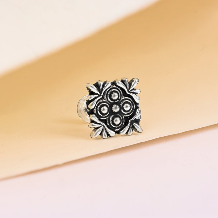 Oxidised Square Floral Silver Nose Pin