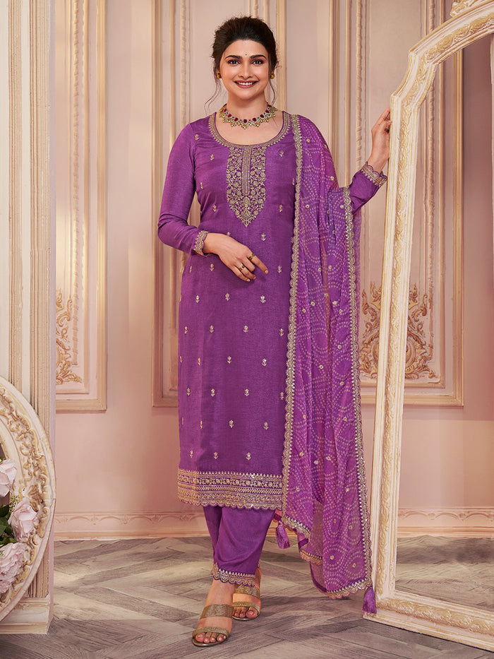 Purple Vichitra Sequins Embroidered Kurta Suit Set