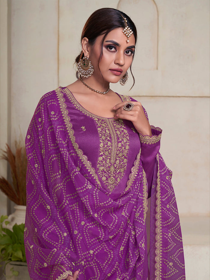 Purple Vichitra Sequins Embroidered Kurta Suit Set