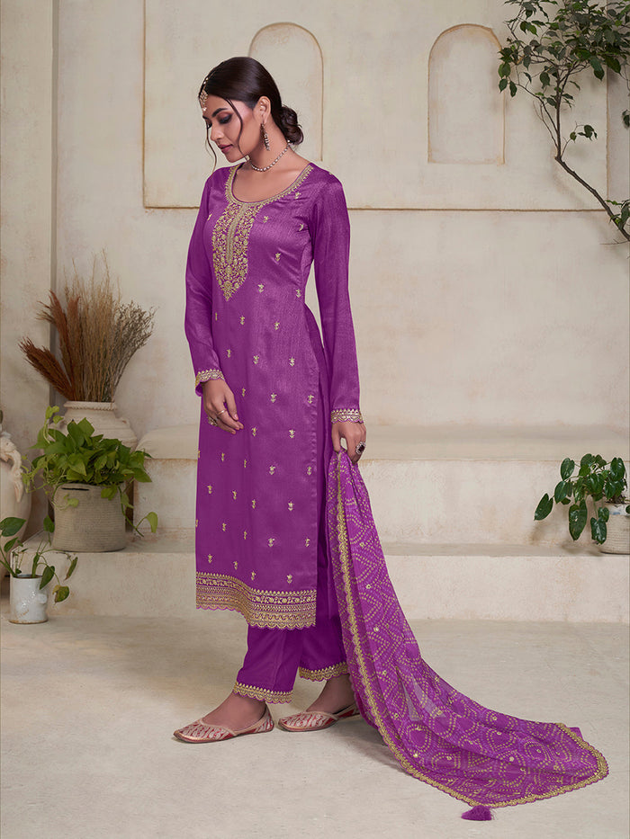 Purple Vichitra Sequins Embroidered Kurta Suit Set