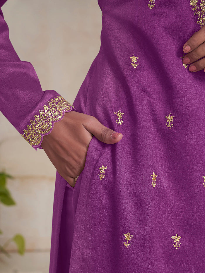 Purple Vichitra Sequins Embroidered Kurta Suit Set