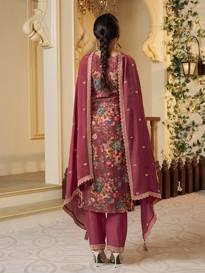 Red Chinon Floral Printed Top with Embroidery Kurta Suit Set
