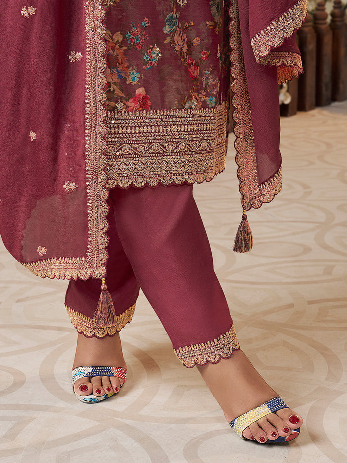 Red Chinon Floral Printed Top with Embroidery Kurta Suit Set