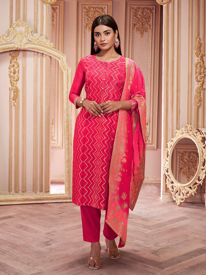 Red Zari Jacquard Kurta Suit Set