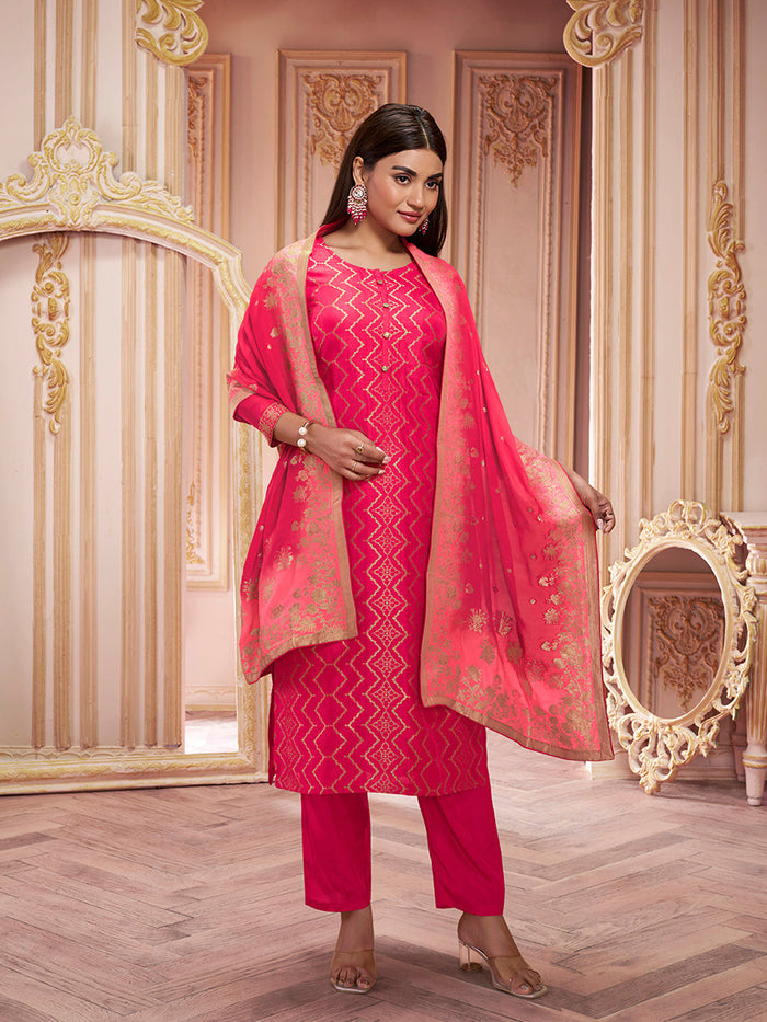 Red Zari Jacquard Kurta Suit Set