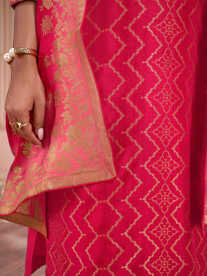Red Zari Jacquard Kurta Suit Set