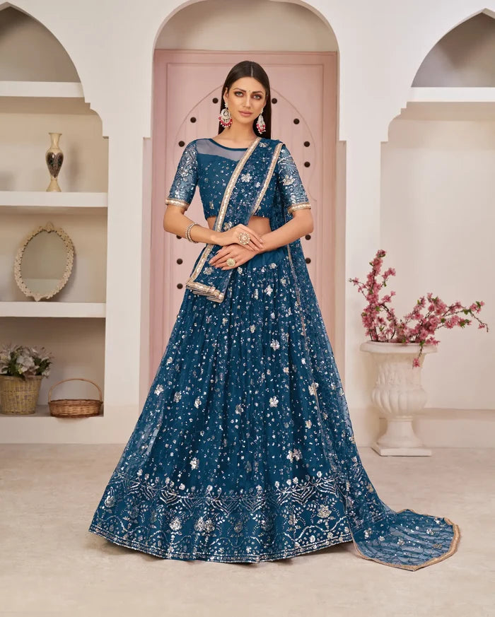 Teal Net Lehenga Choli With White Cotton Thread Work, Zari Work & Sequence Work