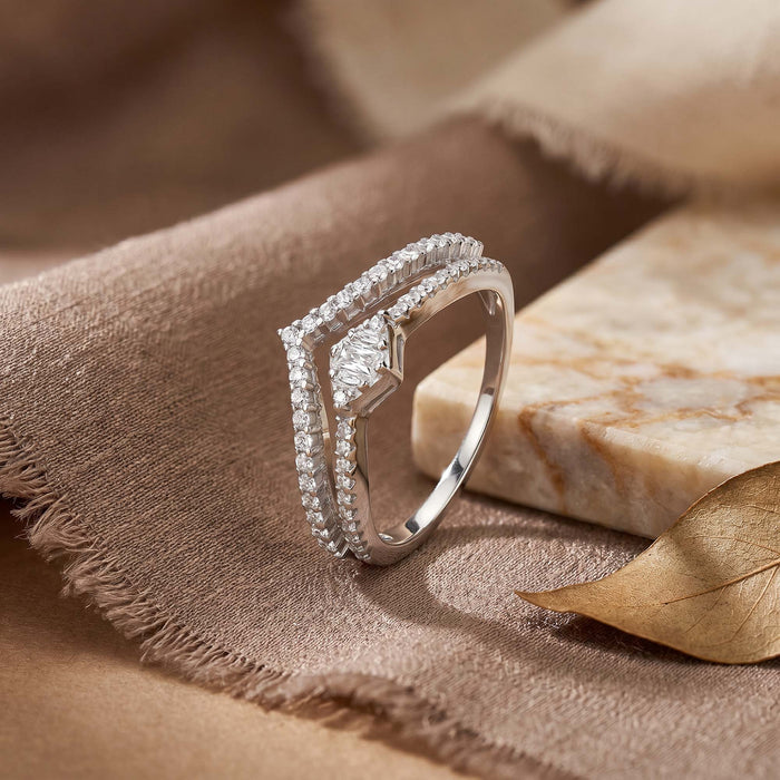 V-Shape Rectangular CZ Silver Ring