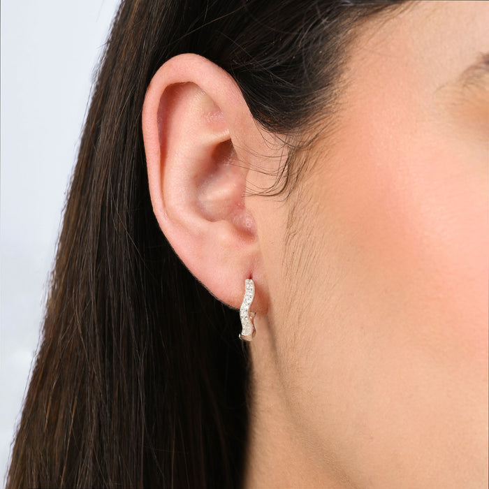 Wavy CZ Silver Hoop Earrings