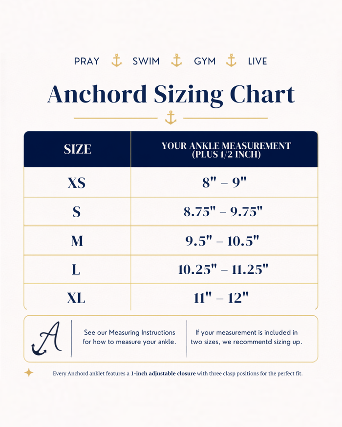 Anchord Sizing Chart graphic with a size table from XS to XL and ankle measurement ranges in inches, plus anchor icons and the words PRAY, SWIM, GYM, and LIVE at the top.